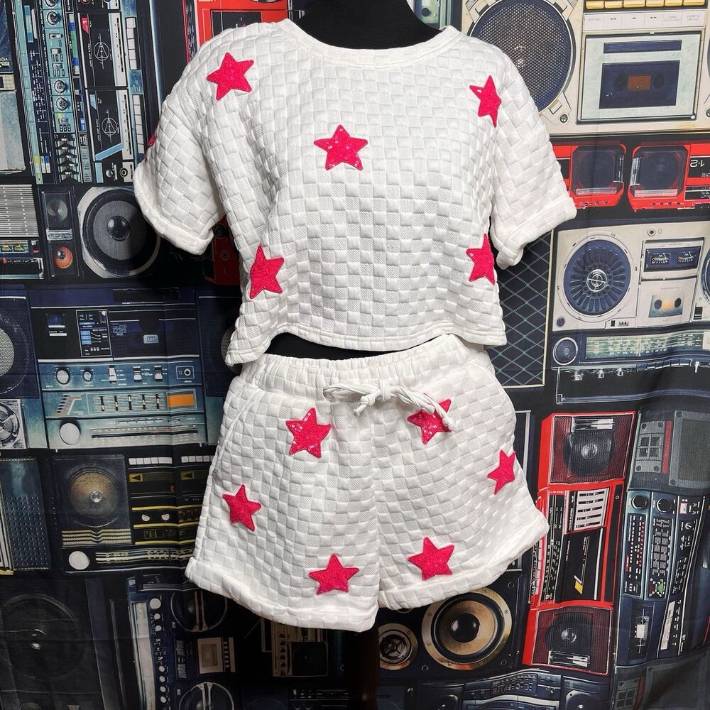 HEYSON Lounge Set Textured Knit Fabric with Sequin Star Patches Women's Size M